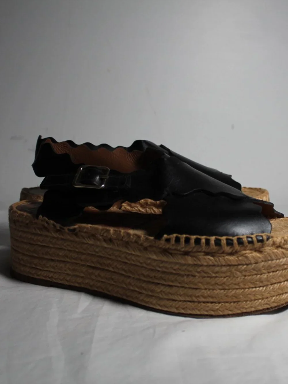 Chloe Chloé Lauren Scalloped Espadrille Sandals Black Slingback Platform 40